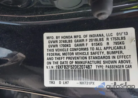 2013 Honda Civic Lx из США, поврежденный, VIN 19XFB2F52DE207487